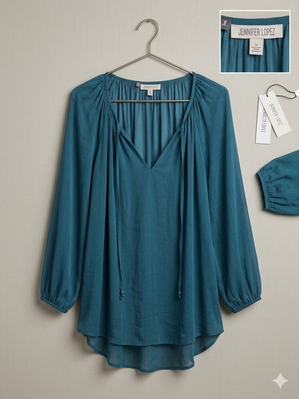 Jennifer Lopez Teal Peasant Blouse with Tassel Ties - Picture 2 of 3